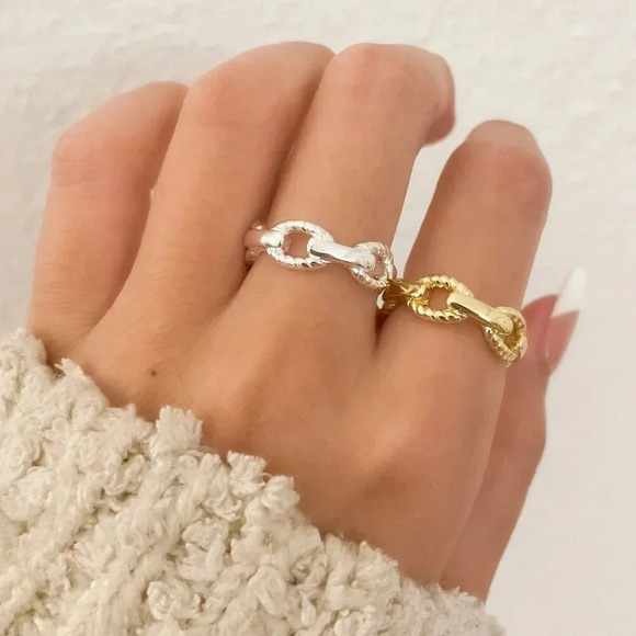 925 Sterling Silver Curb Chain Ring Chain Link Ring Stackable Minimalist Ring - Picture 1 of 9